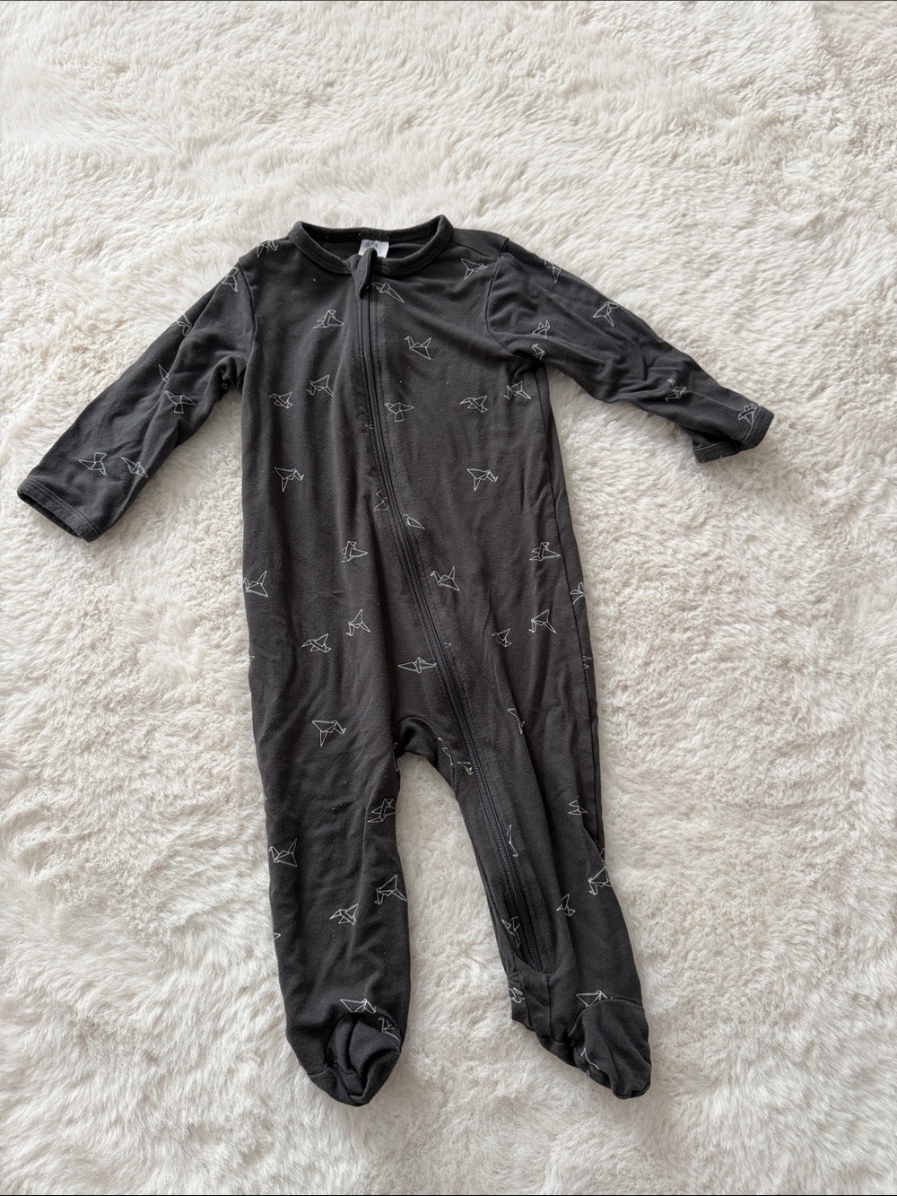 Black Footed Baby One-Piece Pajamas with Origami Bird Print